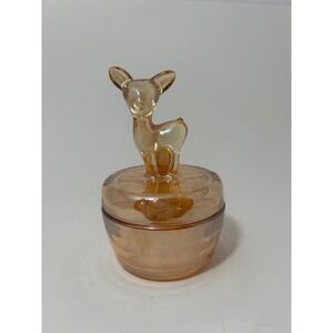 Vintage Amber Marigold Carnival Glass Deer Fawn Trinket Dish Jewelry Box Lid
